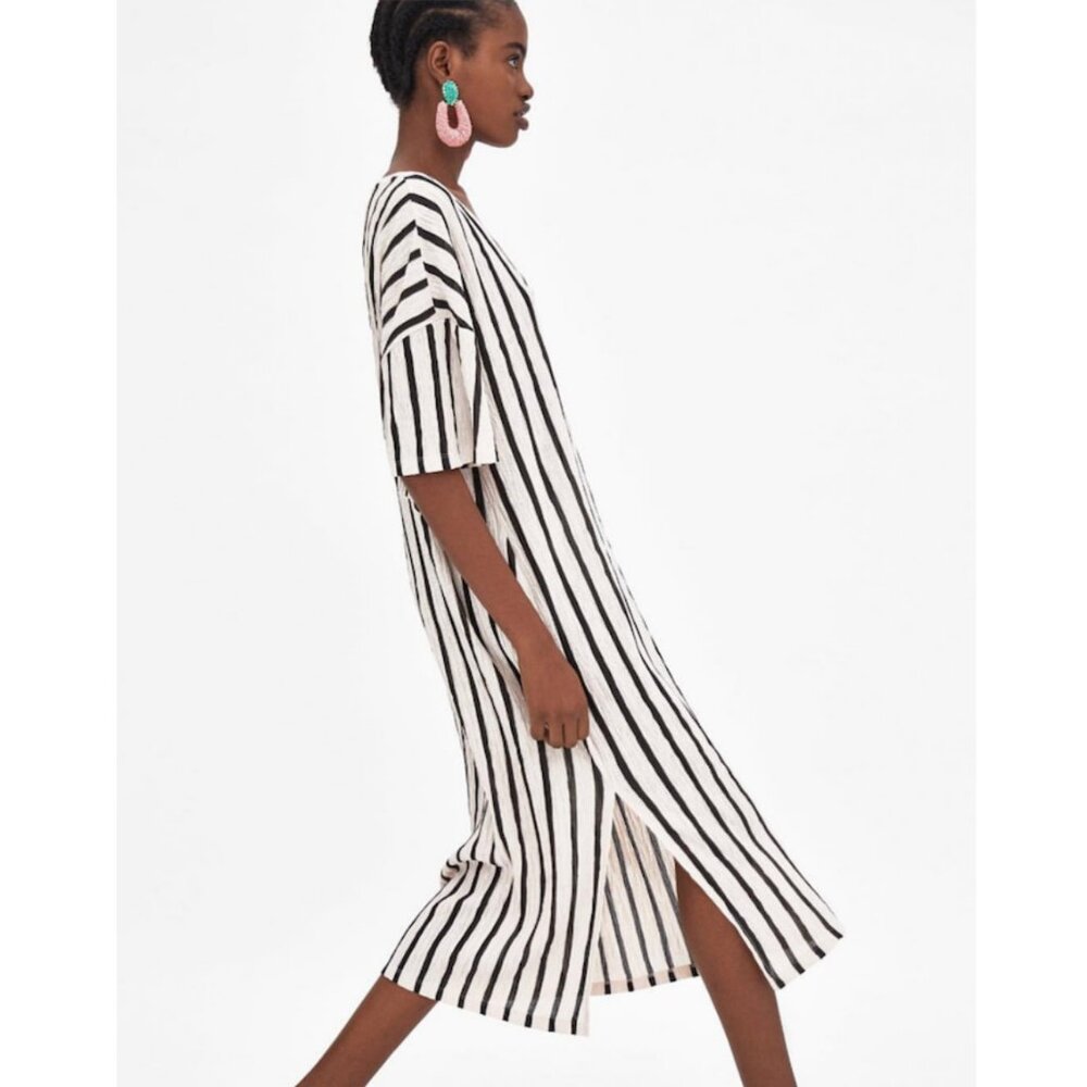 Zara Black and White Striped Midi Dress